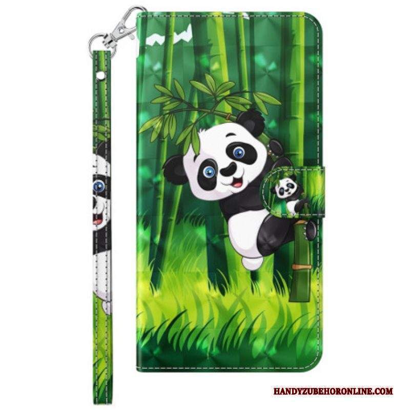 Custodia in pelle Moto G73 5G Panda E Bambù Con Cordino