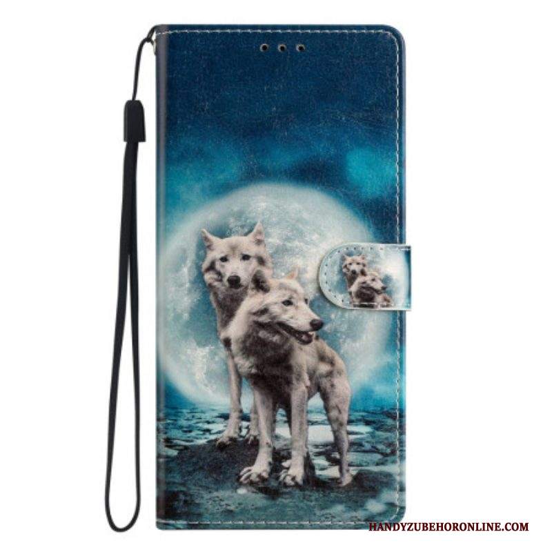 Custodia in pelle Samsung Galaxy A53 5G Lupi Al Chiaro Di Luna Con Cordino