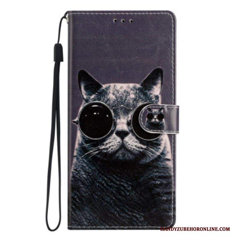 Custodia in pelle Samsung Galaxy A53 5G Occhiali Gatto Con Cordino