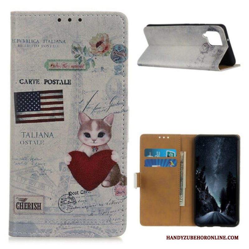 Custodia in pelle Samsung Galaxy M12 / A12 Gatto Viaggiatore