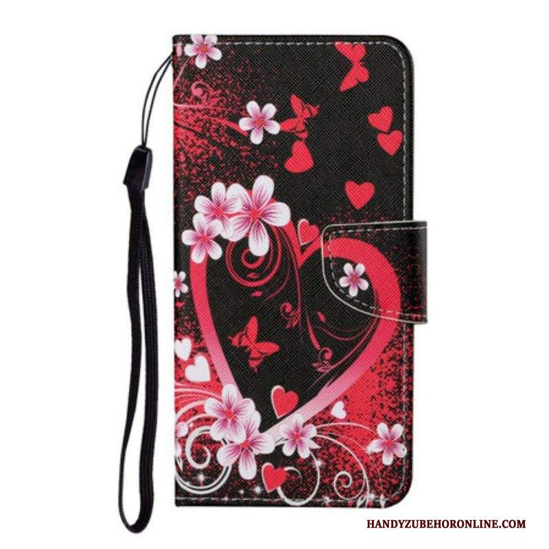 Custodia in pelle Samsung Galaxy S21 FE Fiori E Cuori Con Cordino