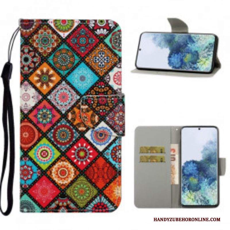 Custodia in pelle Samsung Galaxy S21 Ultra 5G Mandala Patchwork Con Cordino