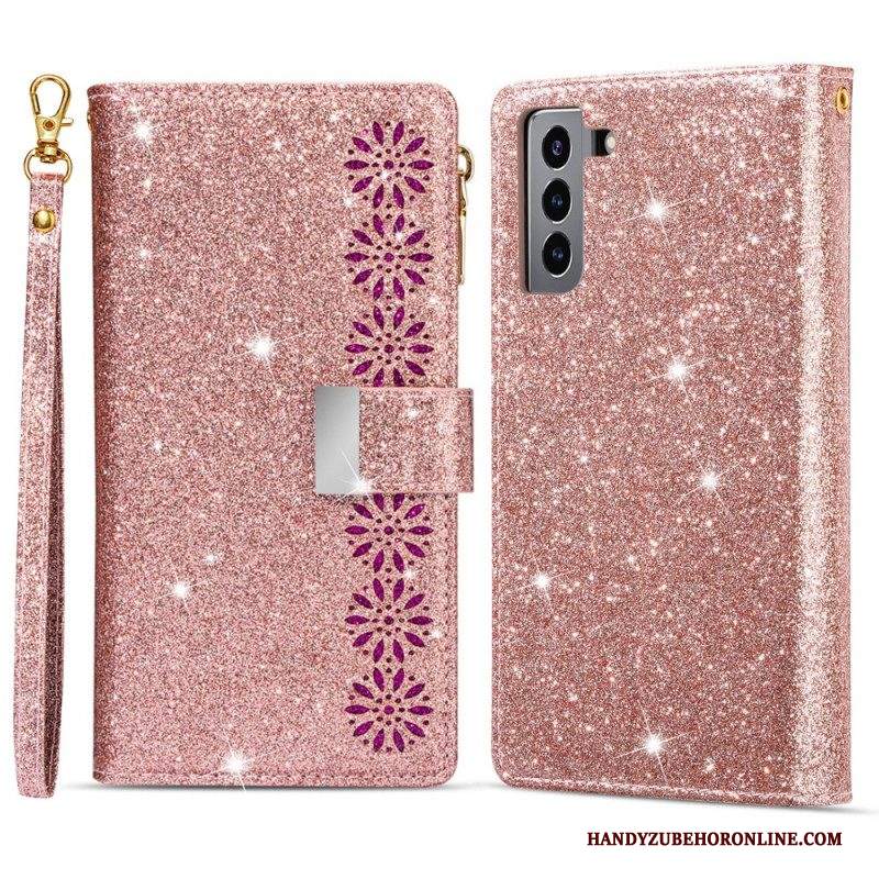 Custodia in pelle Samsung Galaxy S22 Plus 5G Portafoglio Portafoglio Con Zip In Paillettes