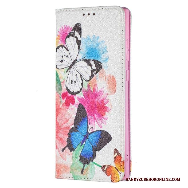 Custodia in pelle Samsung Galaxy S22 Ultra 5G Farfalle E Fiori Dipinti