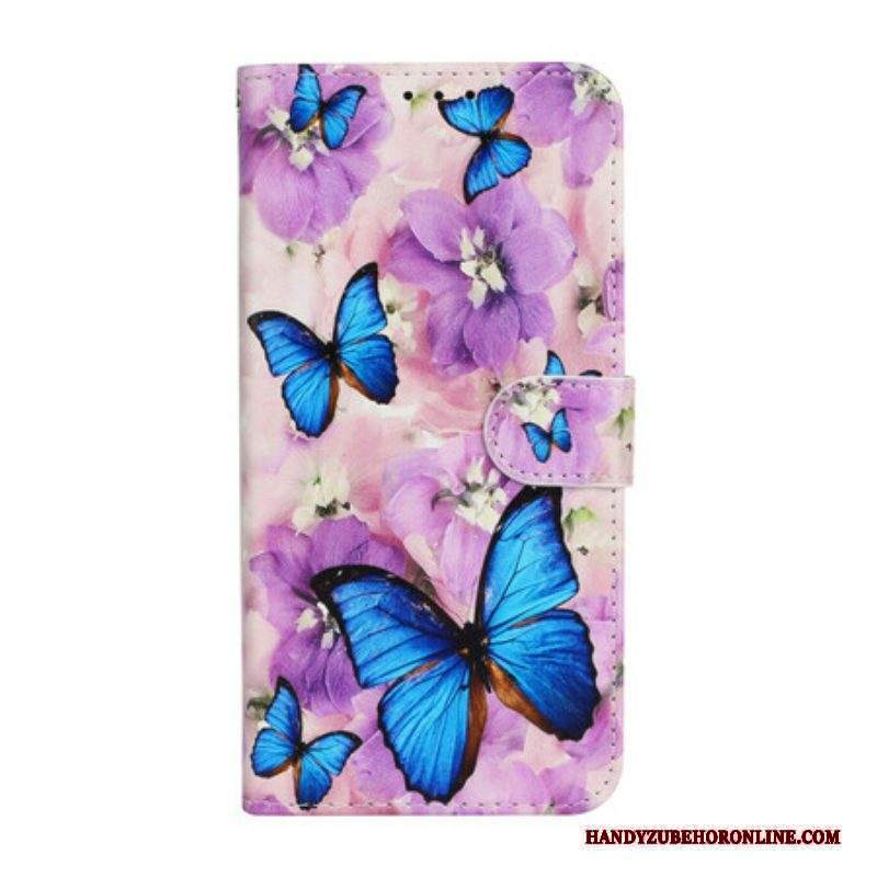 Custodia in pelle iPhone 13 Mini Farfalle Blu In Fiori