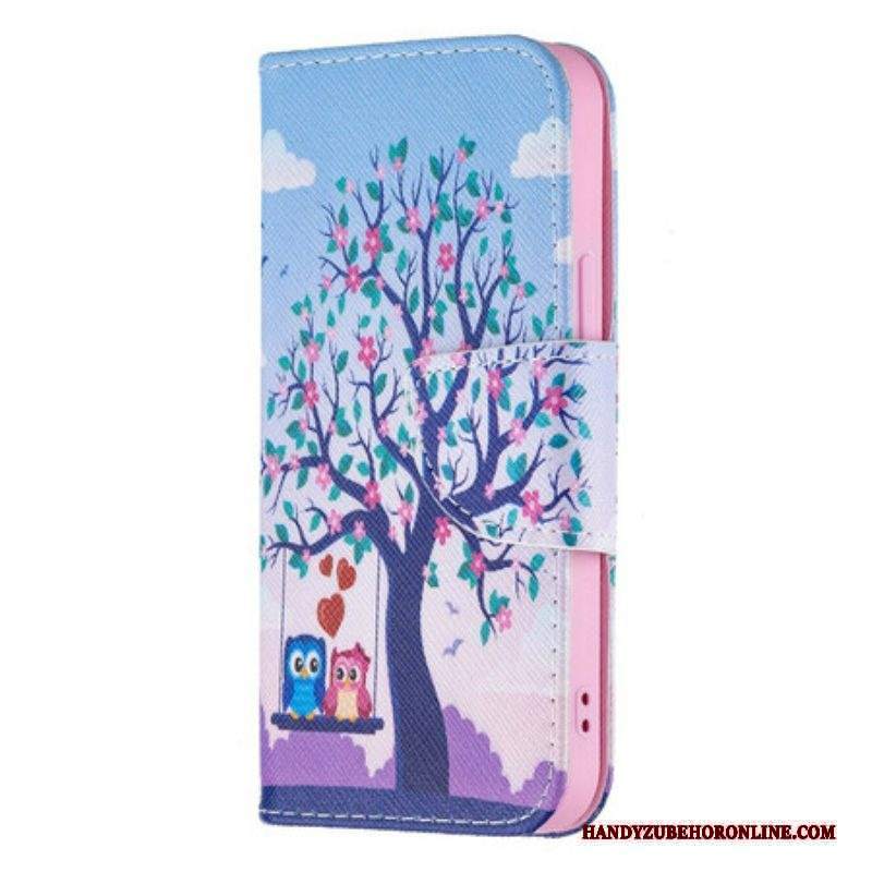 Custodia in pelle iPhone 13 Mini Gufi Sull'altalena