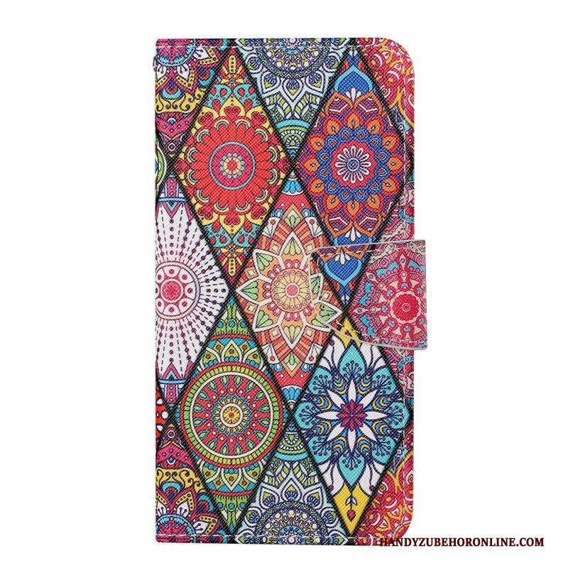 Custodia in pelle iPhone 13 Pro Patchwork Con Cordino