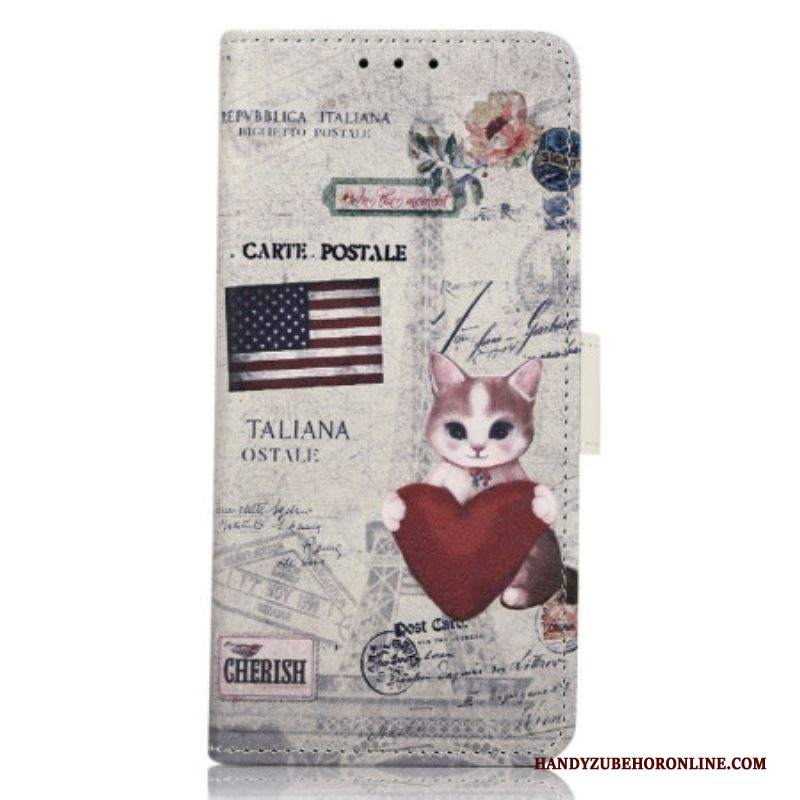 Custodia in pelle iPhone 14 Pro Max Gatto Viaggiatore