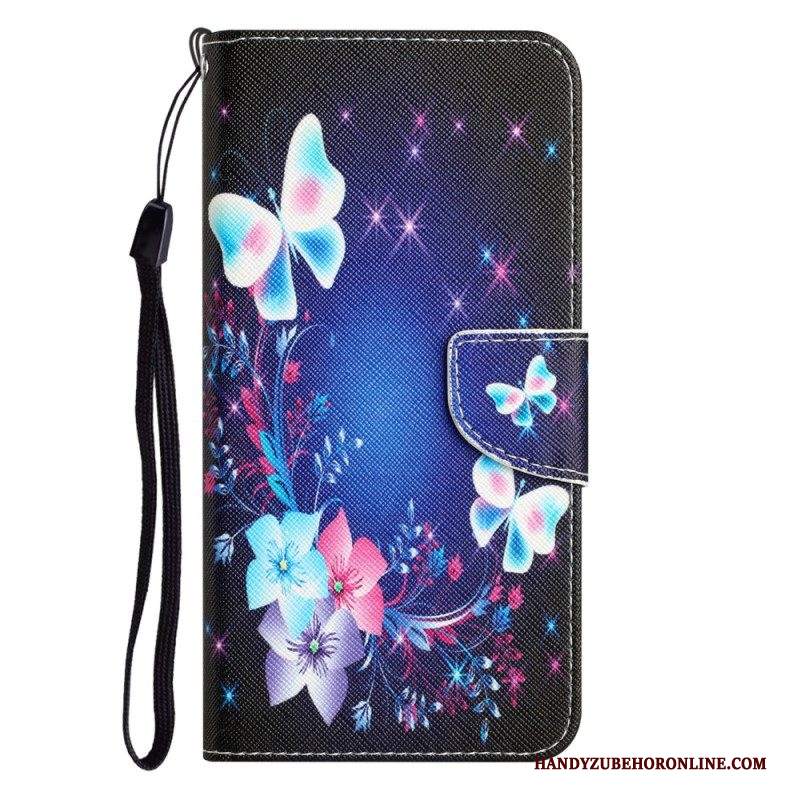 Custodia in pelle iPhone 15 Farfalle Magiche Con Cordino