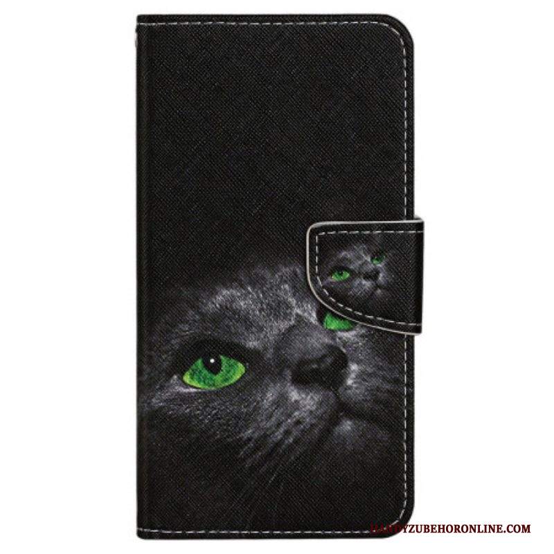 Custodia in pelle iPhone 15 Gatto Dagli Occhi Verdi Con Cinturino