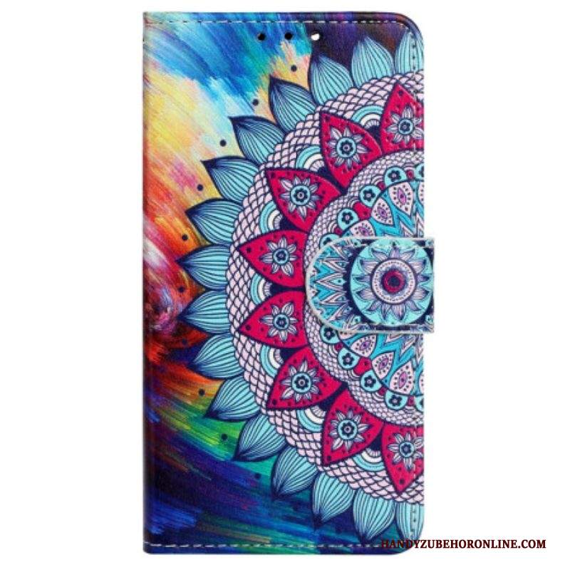 Custodia in pelle iPhone 15 Mandala Appariscente Con Cinturino