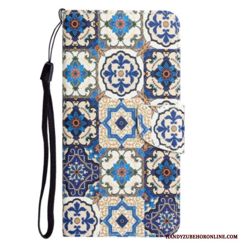 Custodia in pelle iPhone 15 Patchwork Blu Con Cinturino