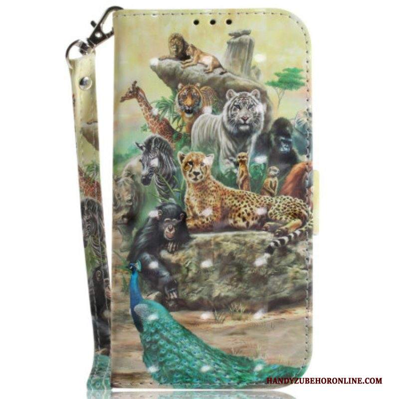 Custodia in pelle iPhone 15 Plus Animali Da Safari Con Cordino