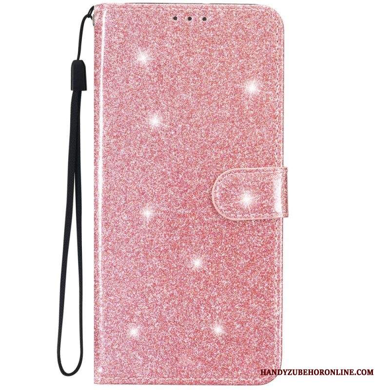 Custodia in pelle iPhone 15 Plus Effetto Glitter Con Cinturino