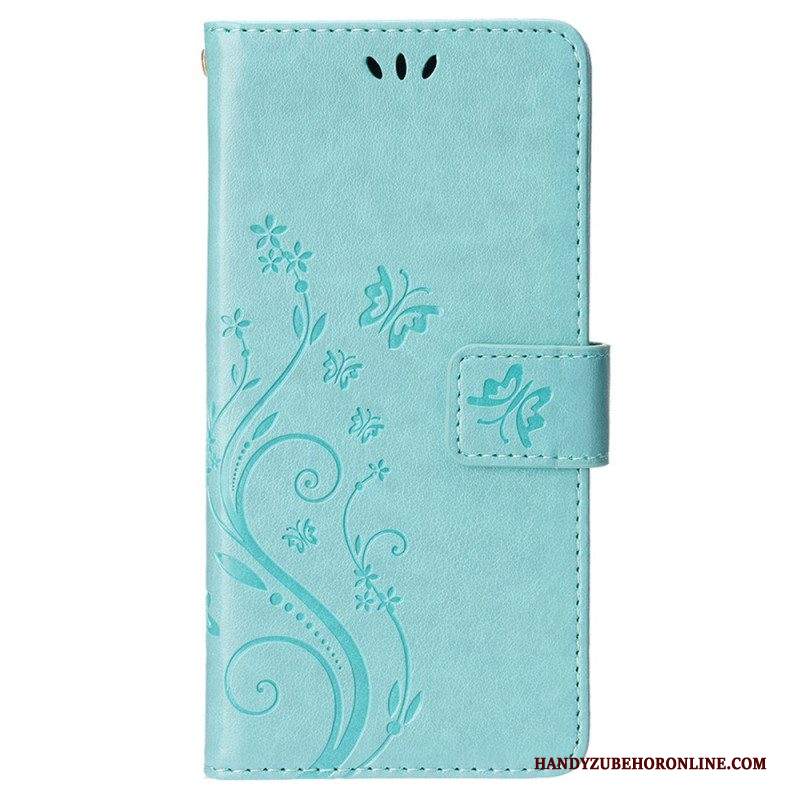 Custodia in pelle iPhone 15 Plus Fiori E Farfalle