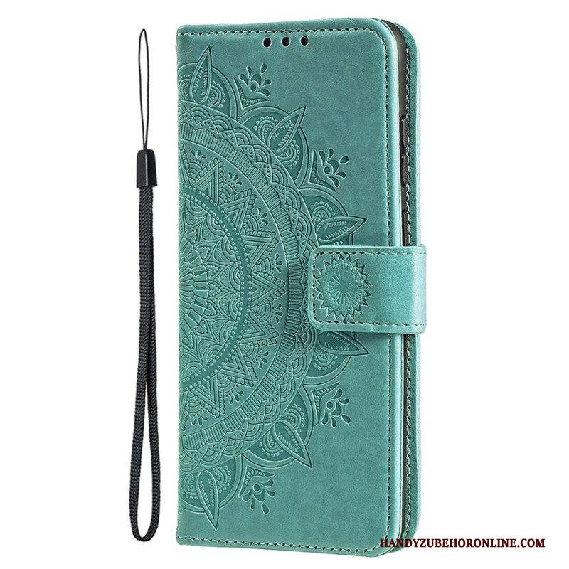 Custodia in pelle iPhone 15 Plus Mandala Del Sole Con Cordino