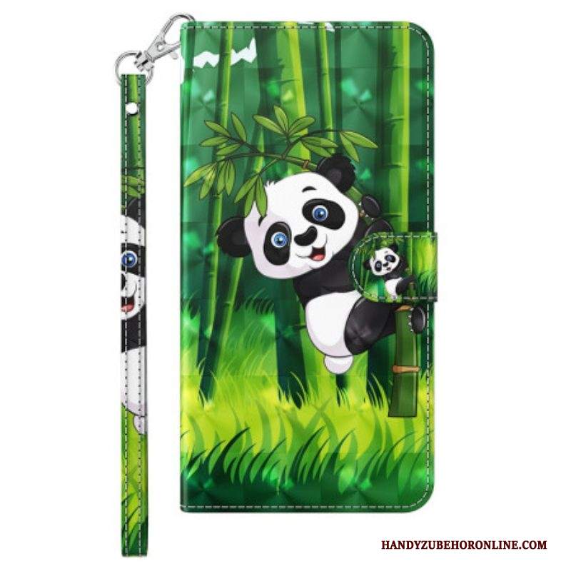 Custodia in pelle iPhone 15 Plus Panda In Bambù 3d Con Cinturino