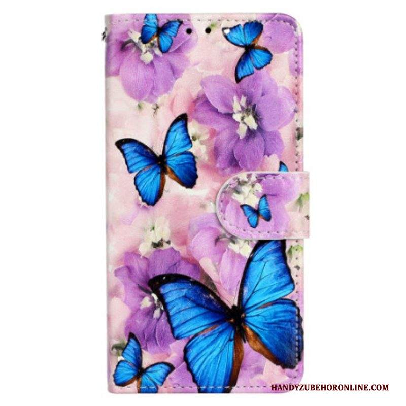 Custodia in pelle iPhone 15 Plus Piccole Farfalle Blu Con Cinturino