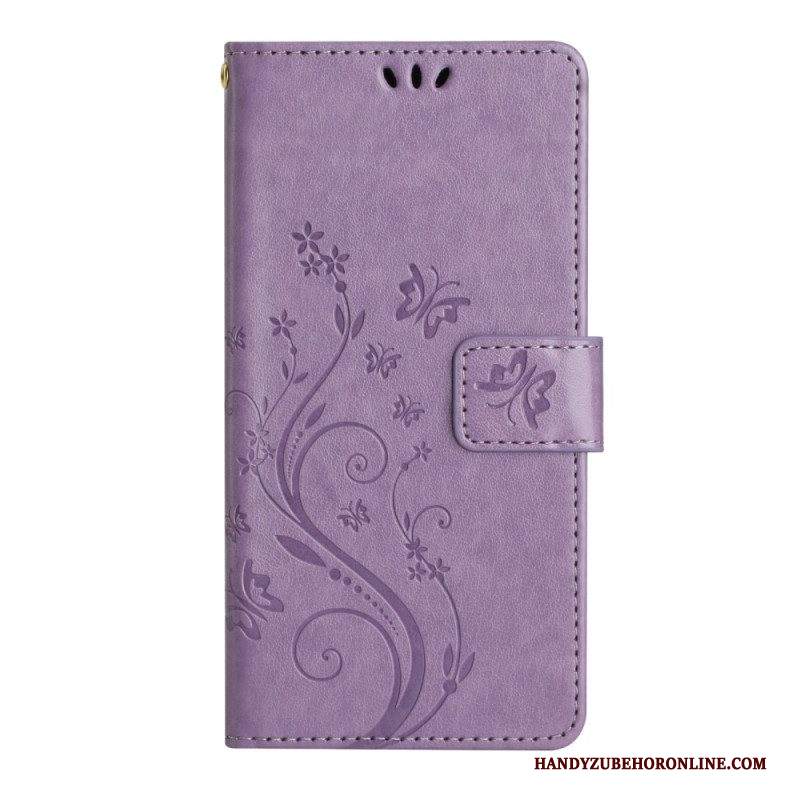 Folio Cover Samsung Galaxy A54 5G Fiori E Farfalle Con Cinturino