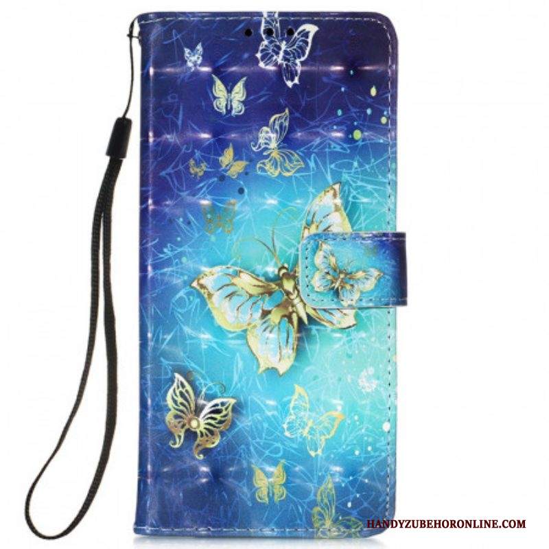 Folio Cover Samsung Galaxy S22 Ultra 5G Cordino Farfalle Dorate