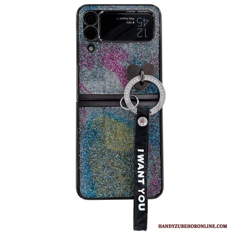 Folio Cover Samsung Galaxy Z Flip 3 5G Custodia in pelle Ciondoli E Cordino In Paillettes