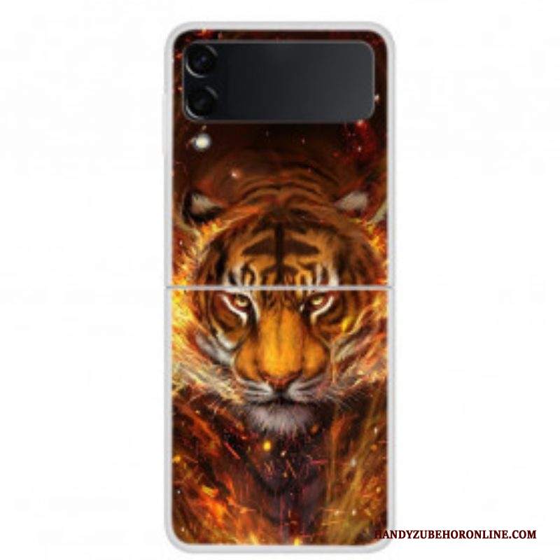 Folio Cover Samsung Galaxy Z Flip 3 5G Custodia in pelle Tigre Di Fuoco