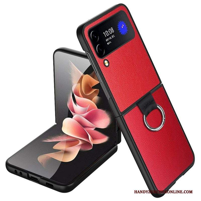 Folio Cover Samsung Galaxy Z Flip 4 Custodia in pelle Litchi In Pelle Con Anello