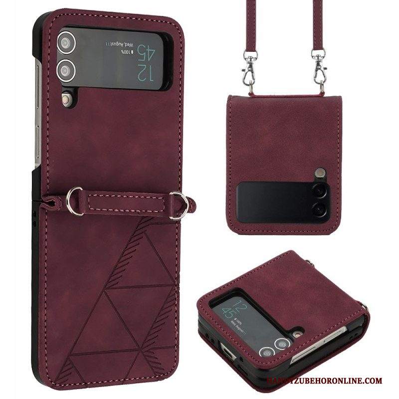 Folio Cover Samsung Galaxy Z Flip 4 Custodia in pelle Triangoli Con Tracolla