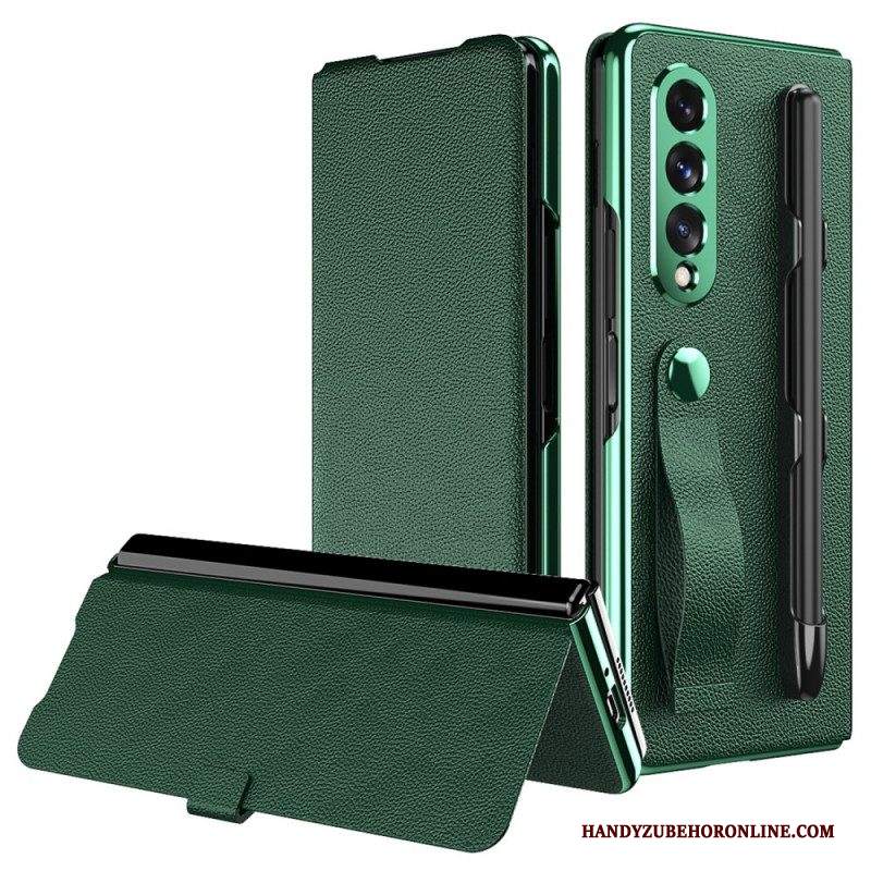 Folio Cover Samsung Galaxy Z Fold 3 5G Custodia in pelle Porta Stilo E Cinturino In Pelle Stile Litchi