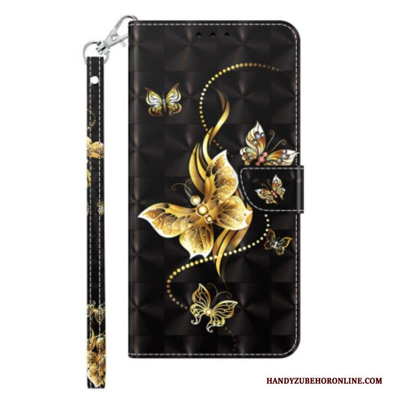 Folio Cover iPhone 14 Farfalle Dorate Con Cinturino