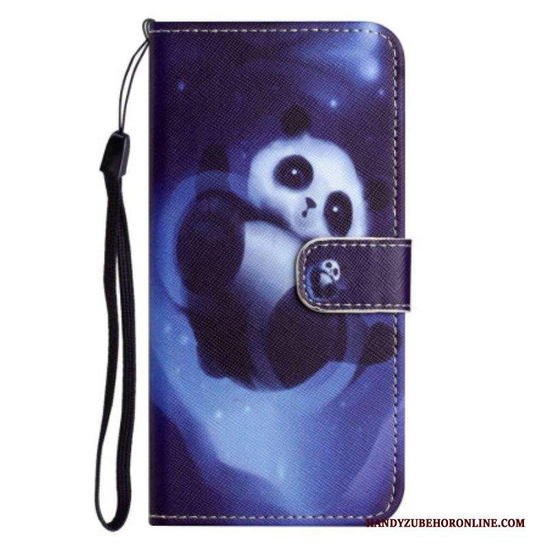 Folio Cover iPhone 14 Plus Panda Nello Spazio Con Cordino