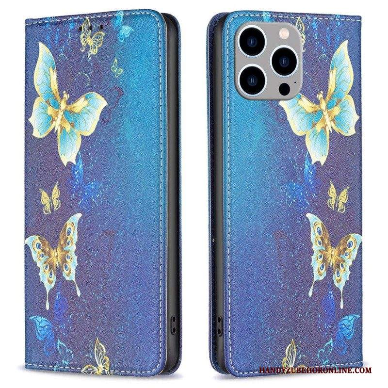 Folio Cover iPhone 14 Pro Max Custodia in pelle Farfalle